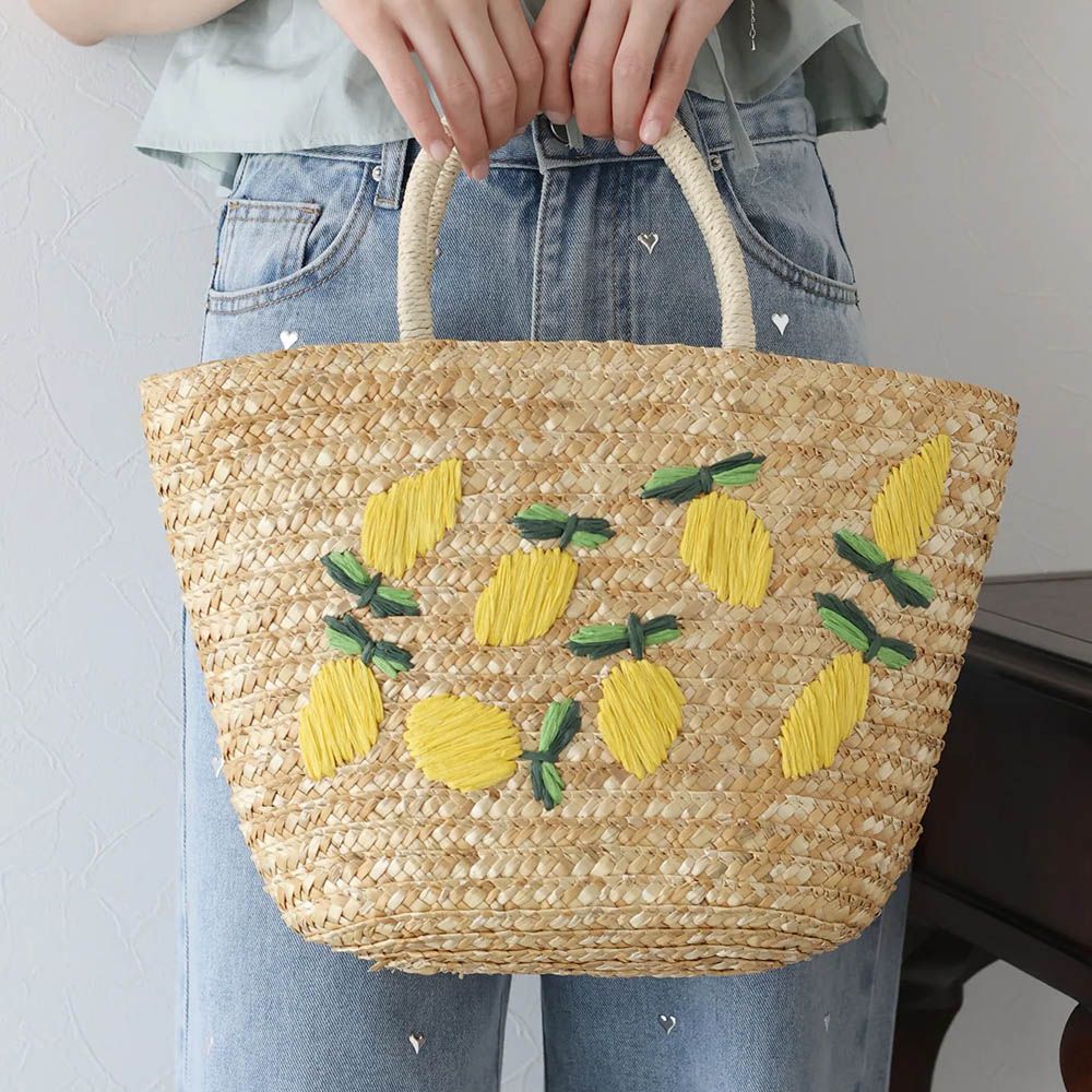 可愛水果刺繡夏日草編手提包-檸檬