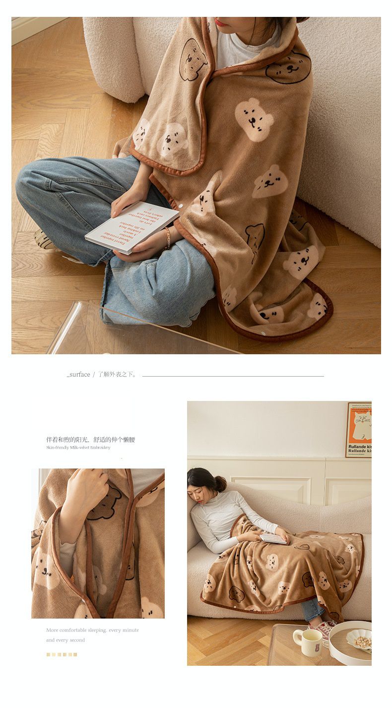 兒童保暖法蘭絨披肩懶人毯-英文字熊熊-米白色 (100x140cm)