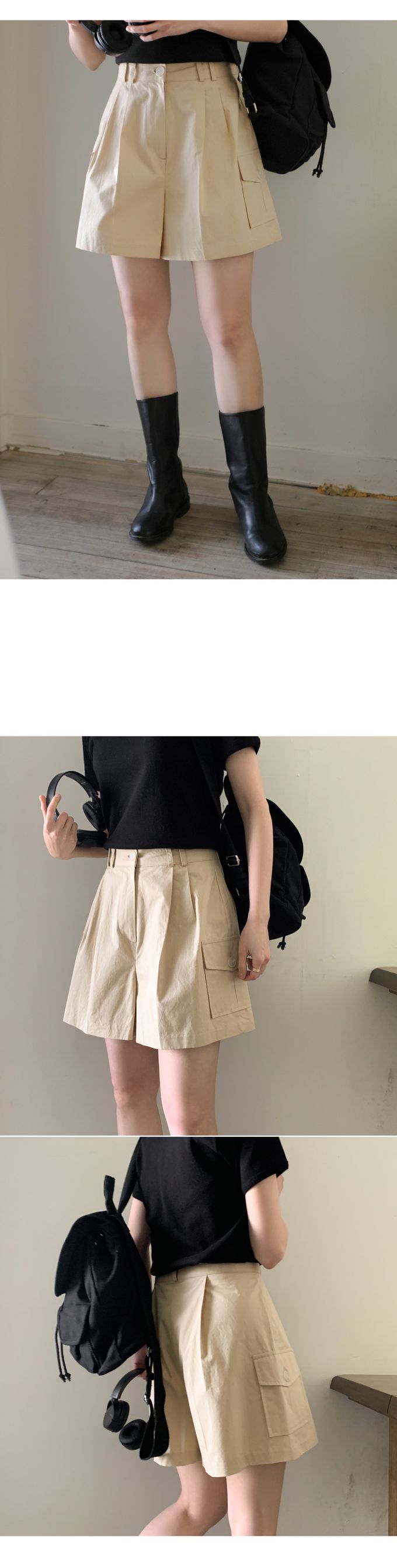 韓國 98doci - 設計感側口袋寬版五分褲-卡其