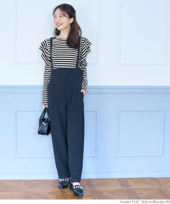 日本 COCA - 棉混透氣荷葉邊薄長袖上衣-黑