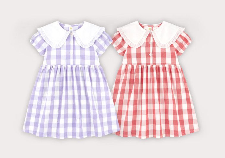 韓國 HEJMINI - 荷葉白領紅格子收腰洋裝-紅