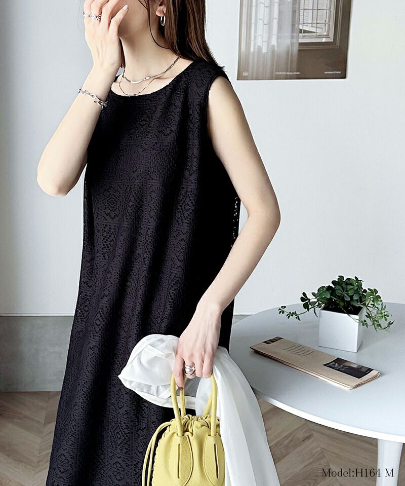 日本 Classical Elf - 2WAY幾何花朵鉤針背心裙/洋裝-黑