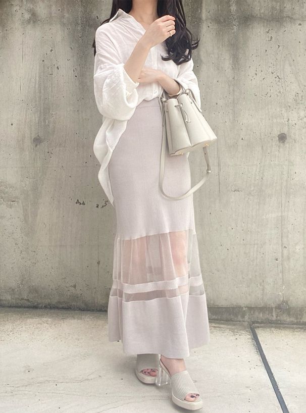 日本 GRL - 夢幻薄紗拼接修身魚尾裙-米杏