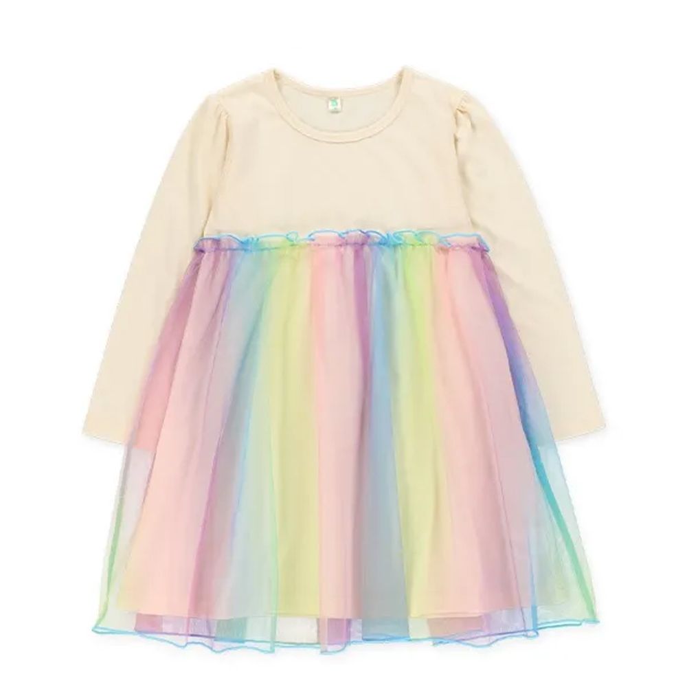 夢幻彩虹薄紗長袖洋裝-米白