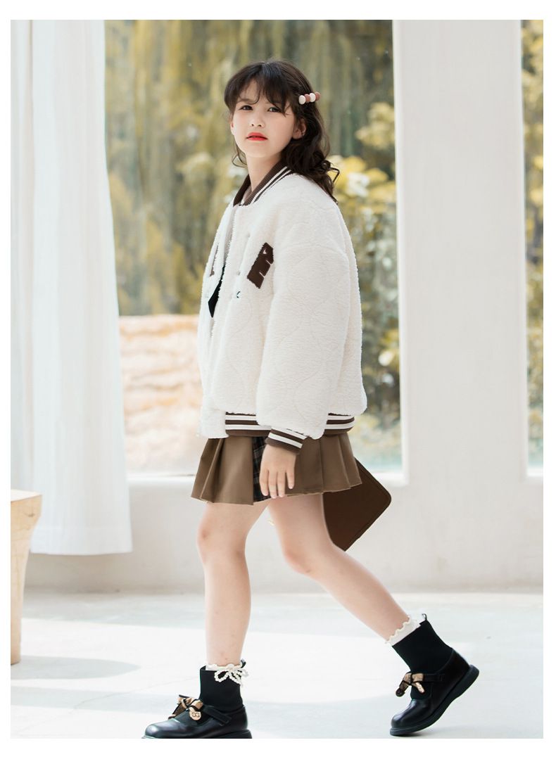 加厚羊羔絨棒球外套-粉色