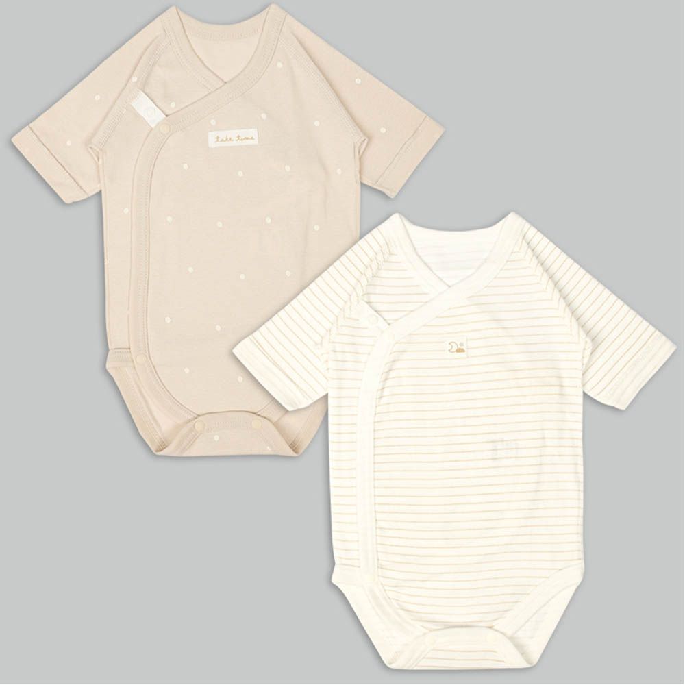 長袖包屁衣2件組-點點 橫紋-淺卡其色 (50~60cm)