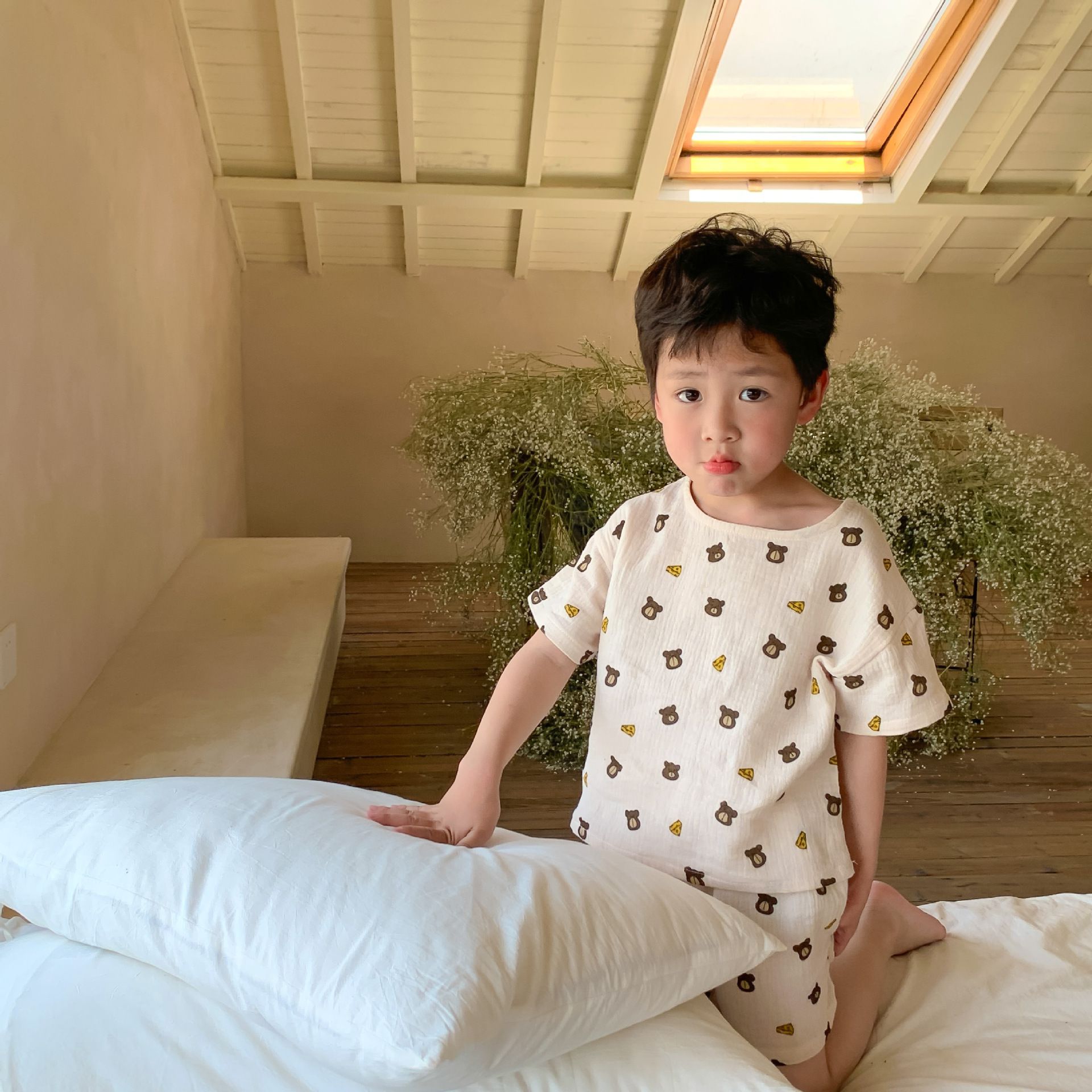 紗布棉短袖家居服套裝-小碎花-奶油色