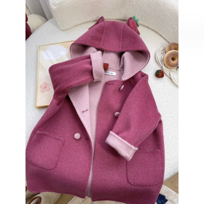 love, charlotte - 厚毛呢連帽草莓熊造型中長版外套-樹莓色