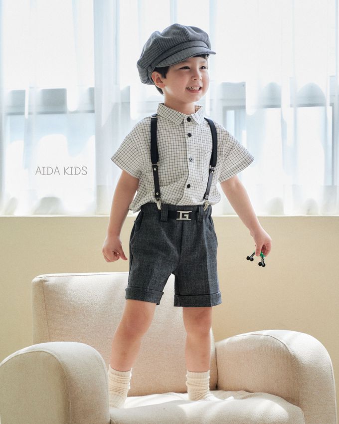 韓國 AIDA - (不含領結)百搭細網格短袖襯衫-白X黑