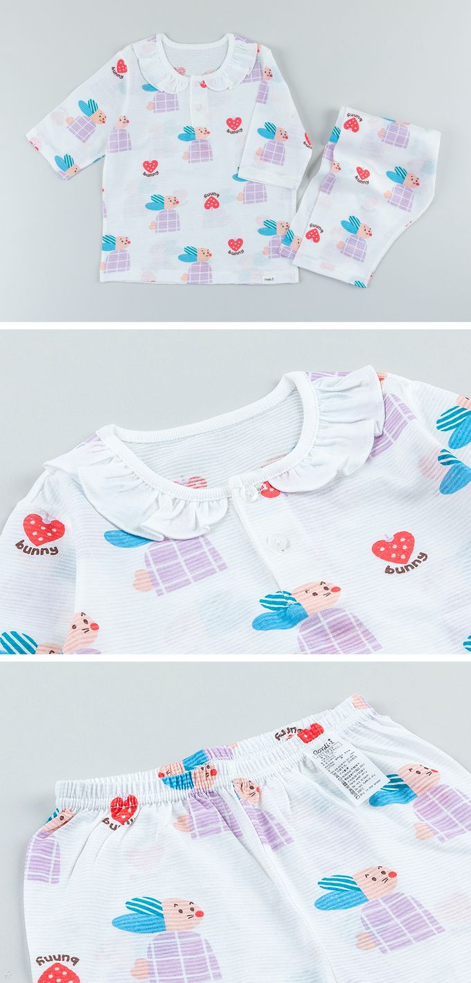 韓國 Cordi-i - 無螢光棉透氣緹花七分袖家居服-草莓粉兔-白