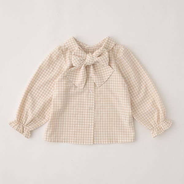 日本 Lycee mine - 大蝴蝶結優雅糖果袖襯衫-格子-卡其
