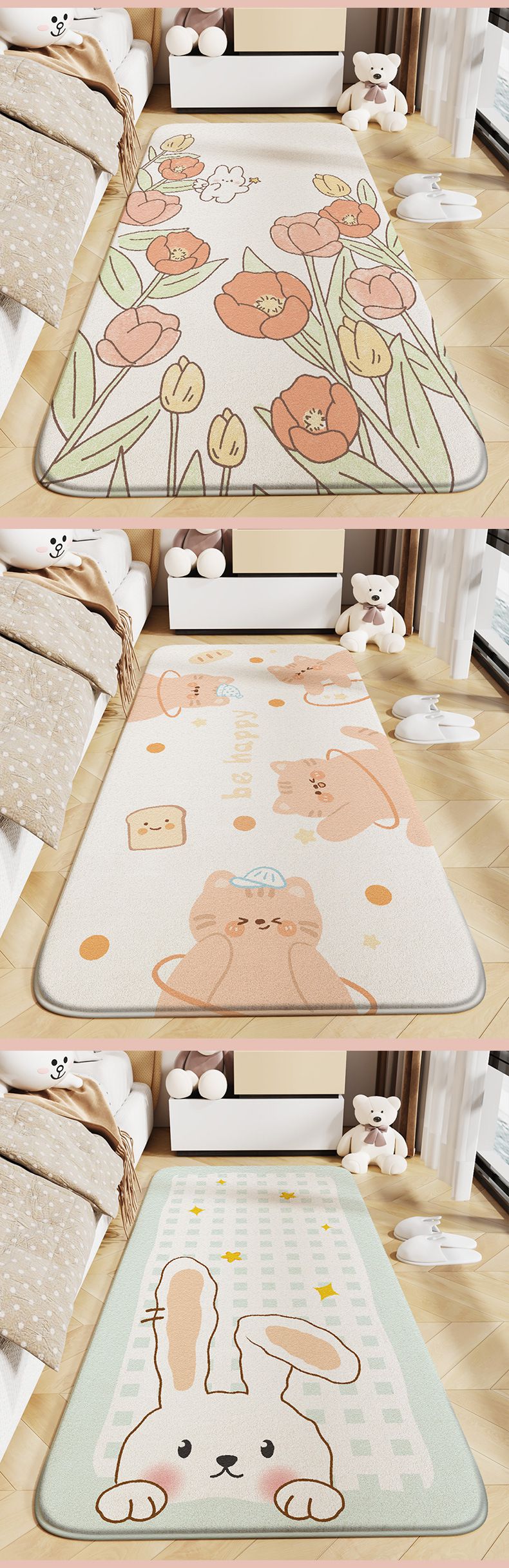 柔軟長條形床邊腳踏墊-月亮灰兔