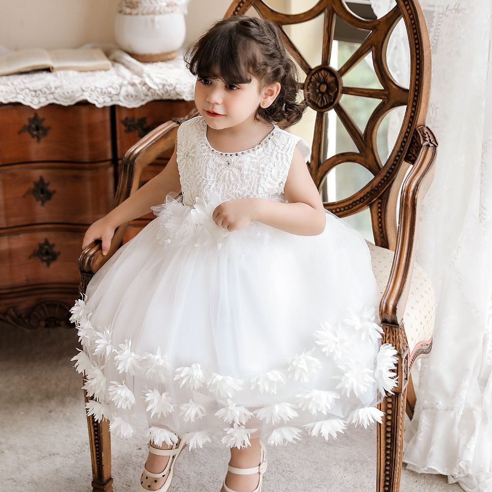 蕾絲網紗圓領無袖公主裙-立體花花-粉色