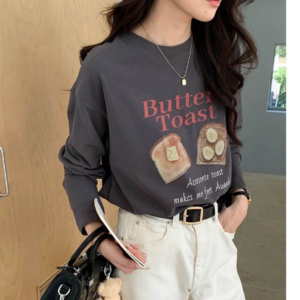 基礎百搭長袖T恤-奶油吐司-深灰 (F)