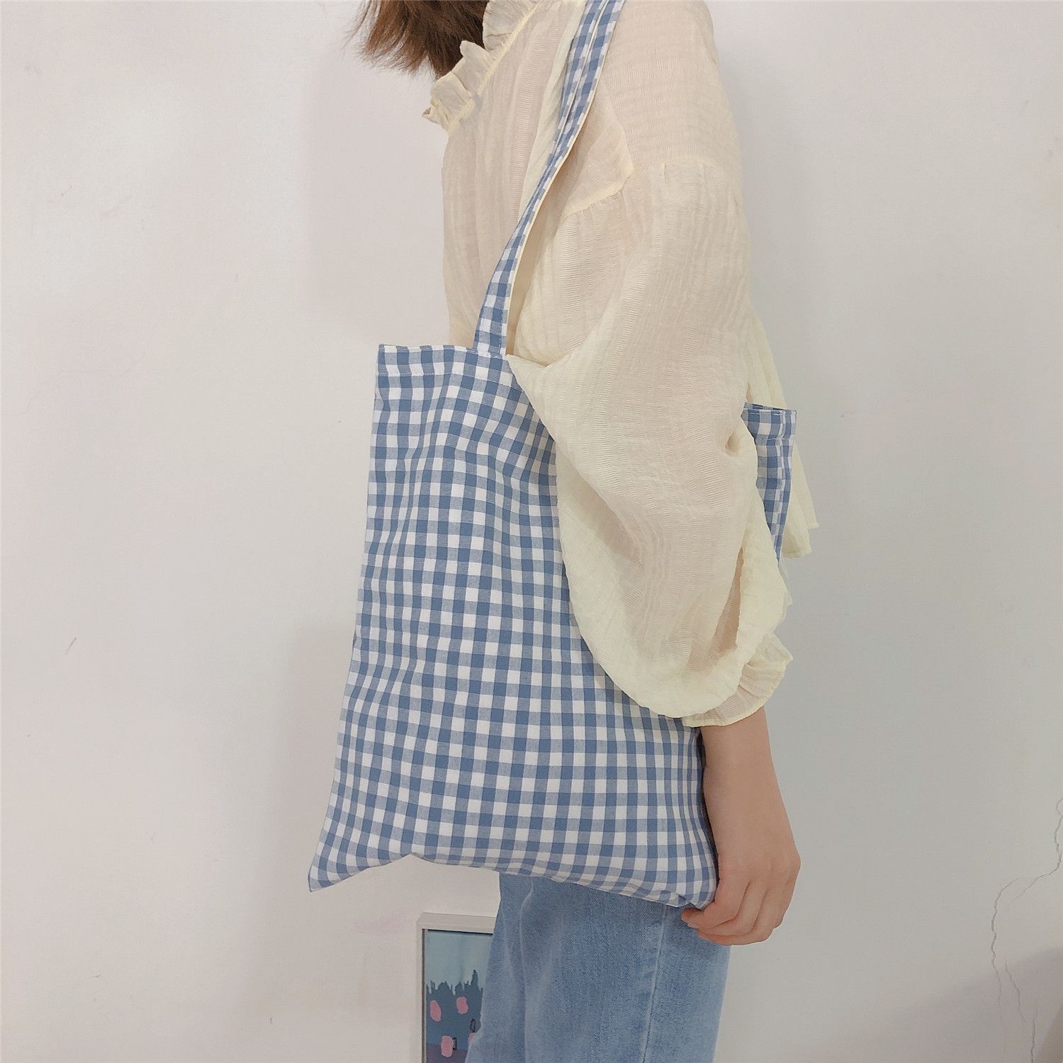 休閒格子單肩手提帆布袋-藍色 (37*35cm)