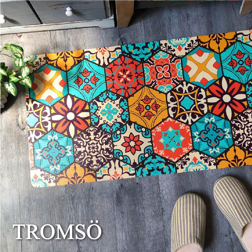 TROMSO - 廚房防油皮革地墊-六角橘藍花磚-120x45公分