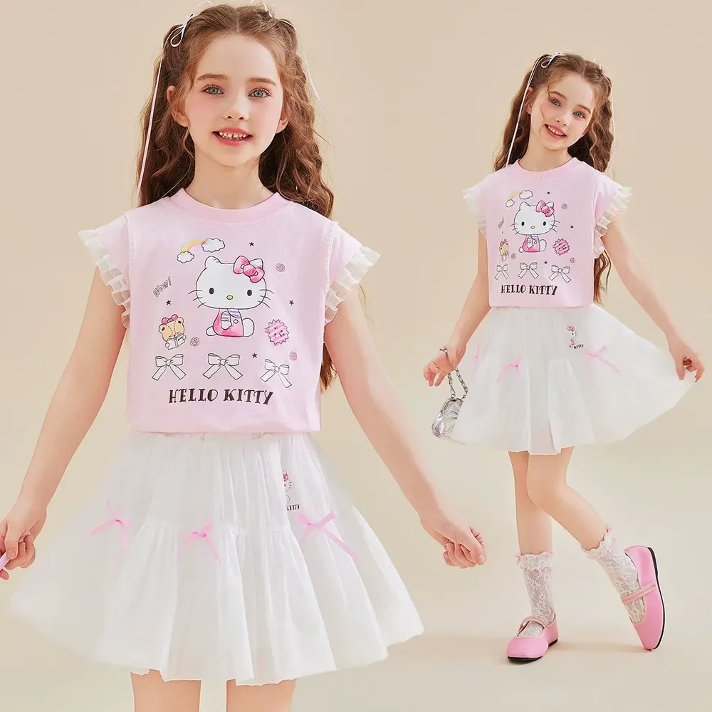 小飛袖上衣+紗感短裙套裝-卡通人物Hello Kitty-粉色