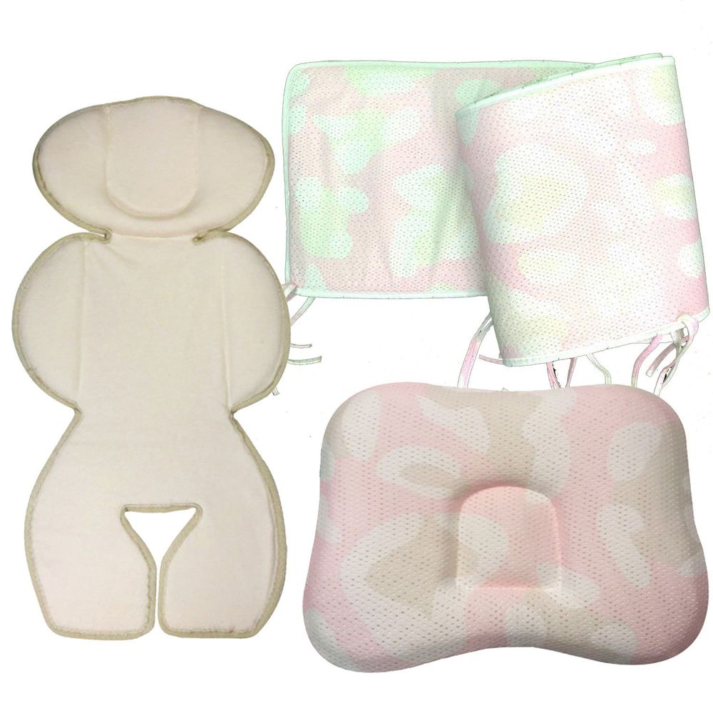 COMFi - 透氣嬰兒定型枕+透氣床圍+冬暖夏涼四季透氣車墊-( 0~18個月)-粉色+粉色+白/有機棉款