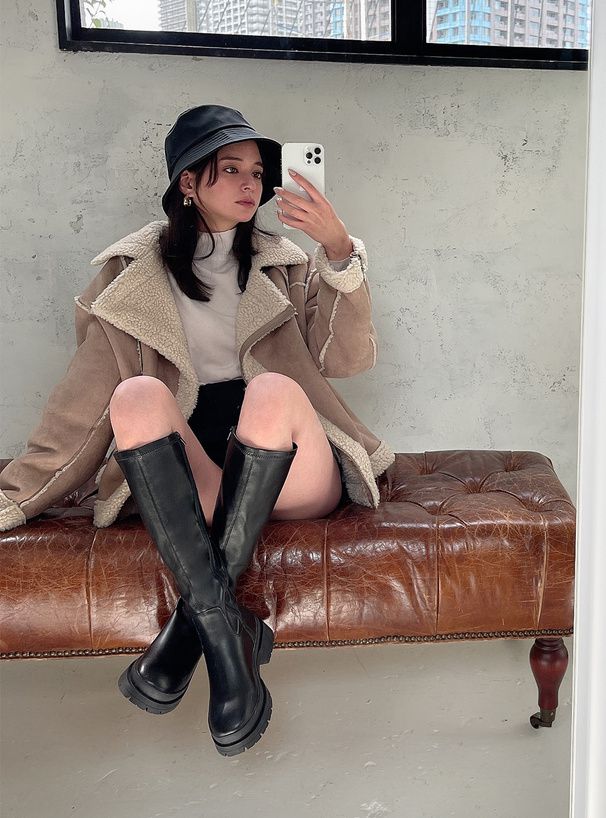 日本 GRL - 羊羔絨拼接寬版騎士夾克/外套-粉紫