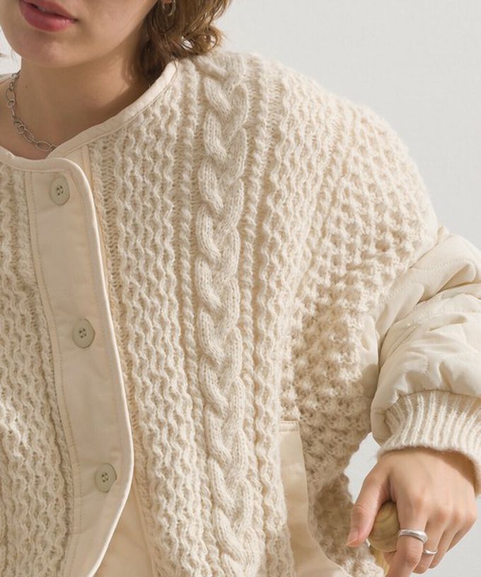 日本 Lupilien - 立體麻花絎縫拼接無領保暖外套-軍綠