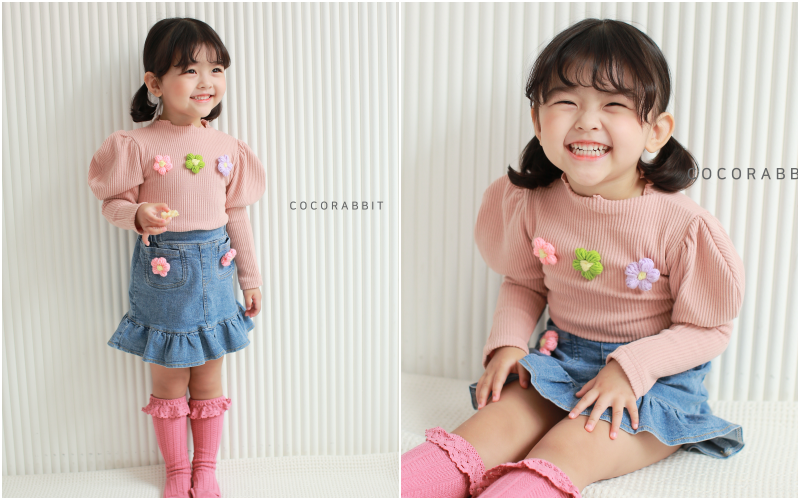 韓國 Coco rabbit - 立體花花卷卷領公主袖針織T-灰