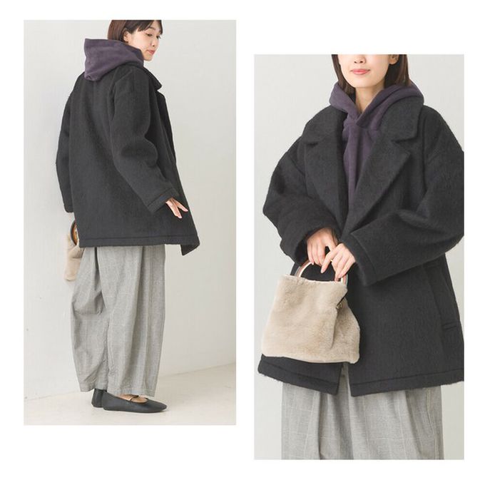 日本 OMNES - 微刷毛百搭西裝領雙扣修身大衣-黑