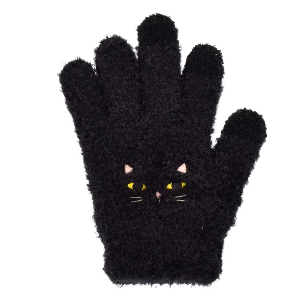日本 TOMO - (兒童)可觸控可愛動物毛絨保暖手套-黑貓-黑