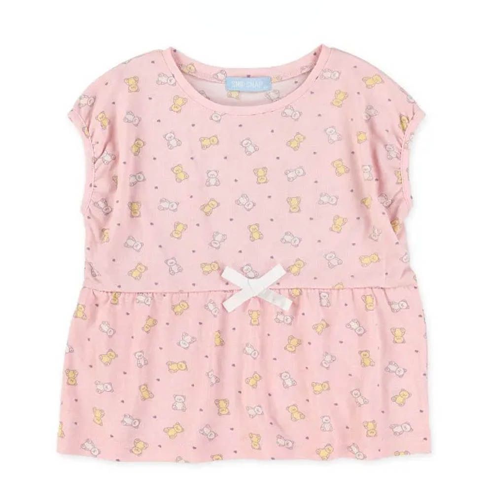 滿版小熊印花法式袖上衣-粉紅