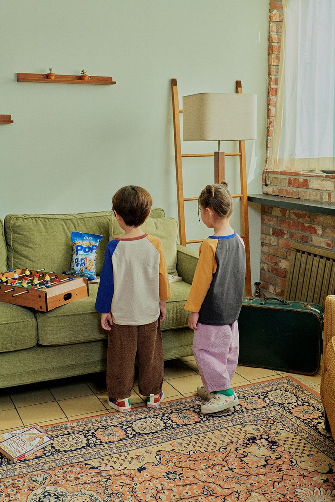 韓國 First Blue - 美味爆米花印長袖上衣-黃橘X燕麥X寶藍