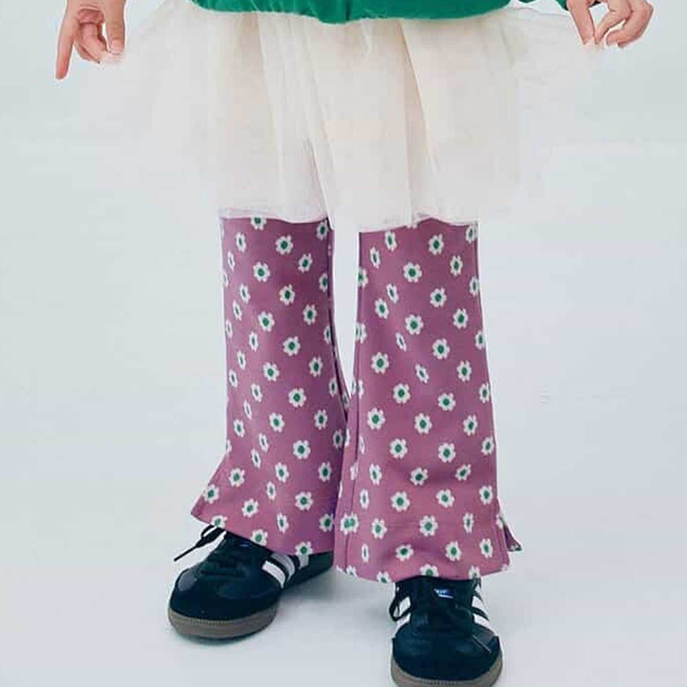 舒適側開岔設計印花喇叭長褲-小花-紫