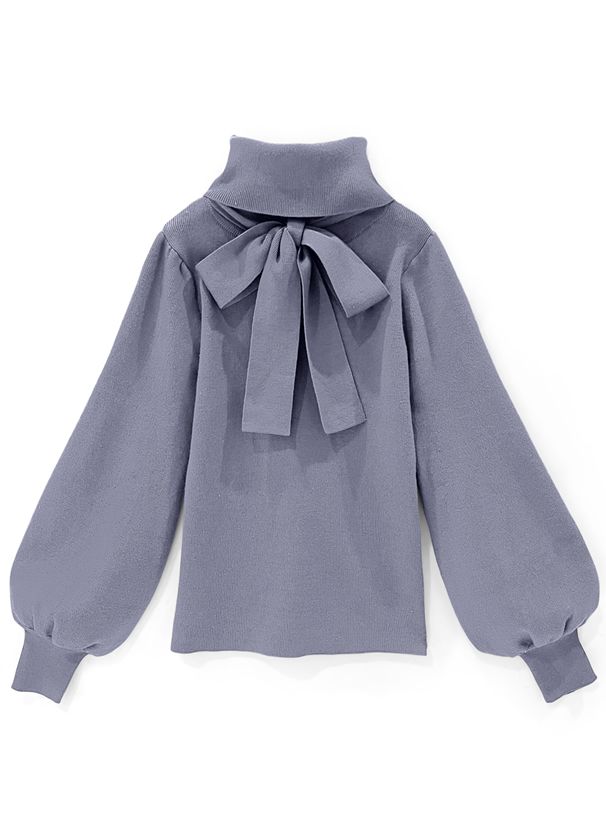 日本 GRL - 後蝴蝶結美型細針織上衣-淺灰藍