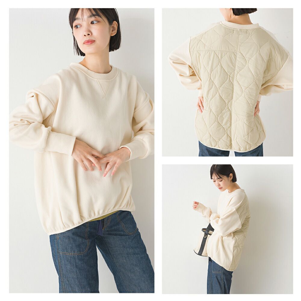 日本 OMNES - 絎縫拼接落肩長袖上衣-石墨灰