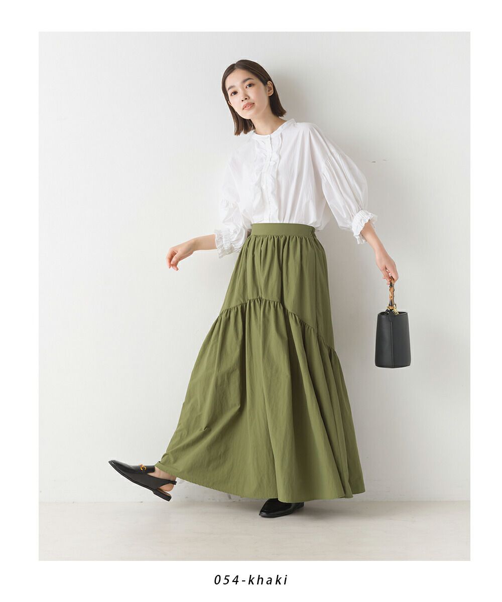 日本 OMNES - 不規則抓皺顯瘦修身長裙-卡其