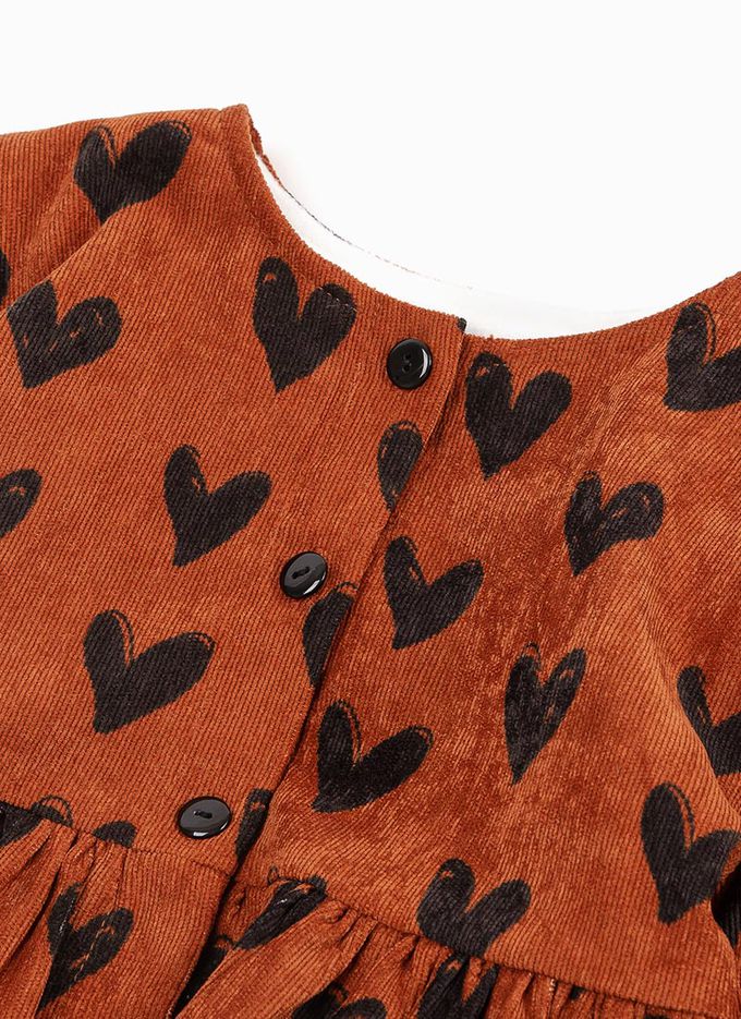 韓國 OZKIZ - (附圍領)排列愛心燈芯絨連身洋裝-棕紅