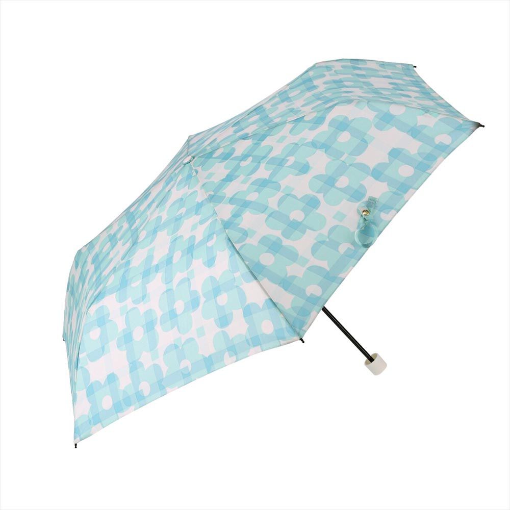 日本 nifty colors - 抗UV輕量 晴雨兩用折疊傘-格紋花花-藍綠 (直徑88cm/158g)