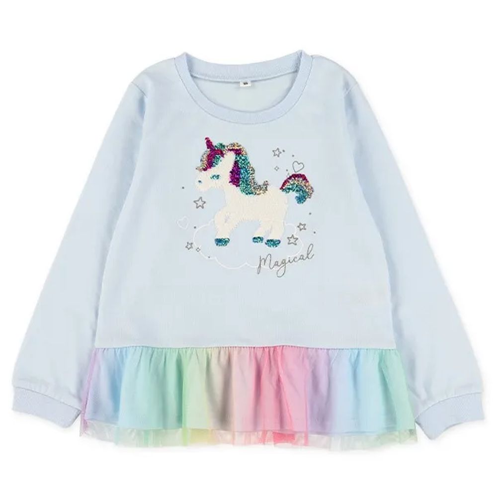 亮片獨角獸繽紛薄紗下擺長袖上衣-水藍