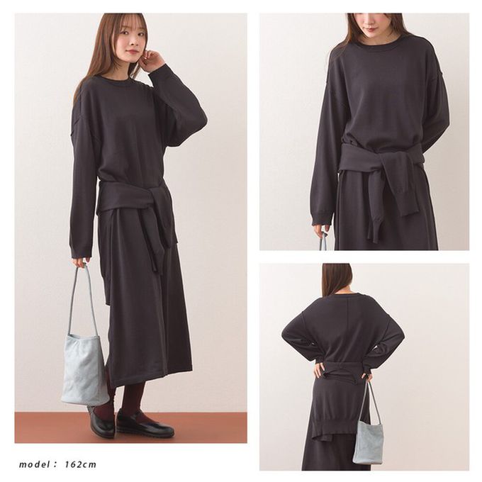 日本 OMNES - 落肩優雅柔滑嫘縈素色長袖洋裝-深灰