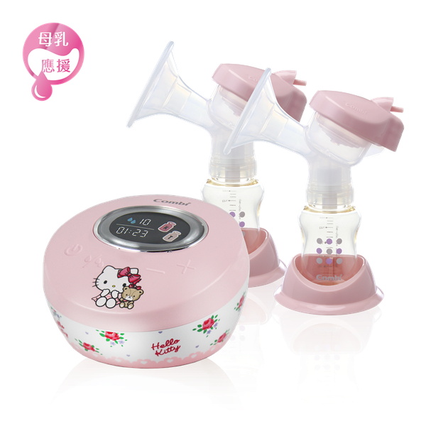 日本 Combi - 自然吸韻雙邊電動吸乳器-Hello Kitty限量版 (雙邊吸乳器手提袋 + 吸乳器主機收納方包+Combi標準玻璃奶瓶T 240ml (黃)*2)-加贈 吸乳器寛口轉接環*2
