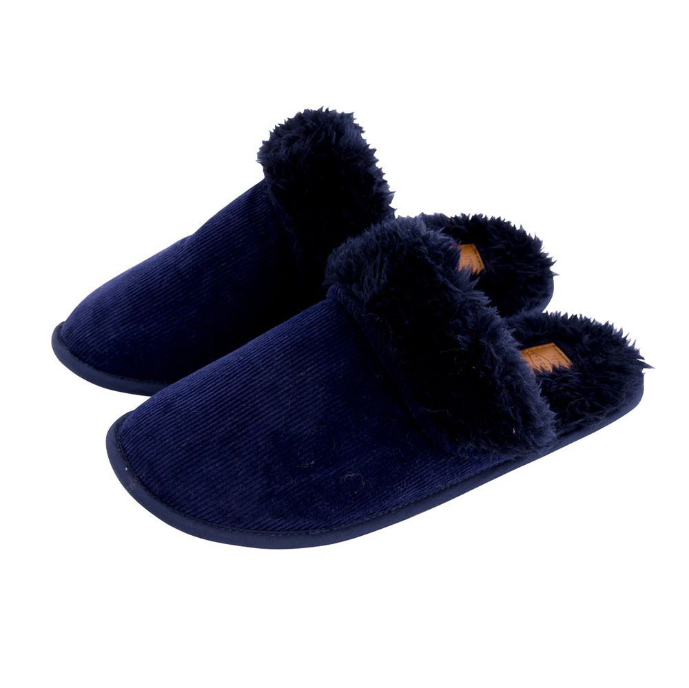 日本 BISQUE - 低反發2way保暖室內拖-毛絨-深藍 (L(25-27cm))