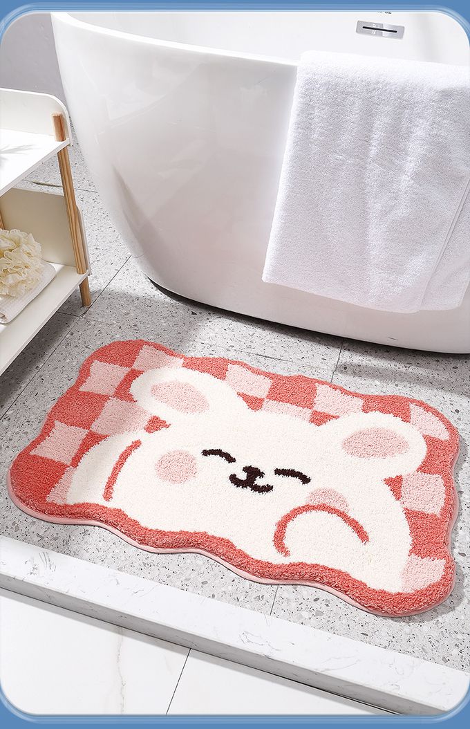 快速吸水植絨浴室腳踏墊-格紋青蛙-藍+白