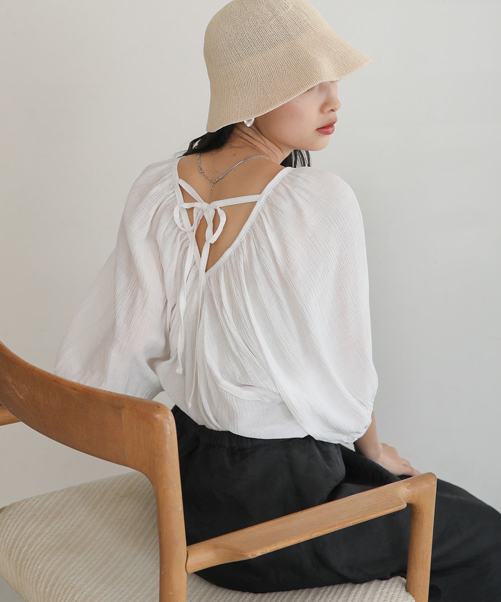 日本 Bab - 嫘縈後綁帶氣球袖上衣-咖啡