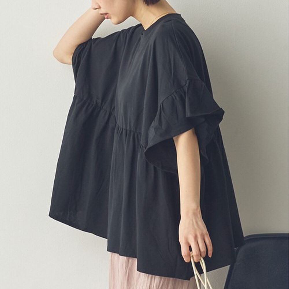 100%棉 浪漫荷葉寬鬆休閒短袖上衣-黑