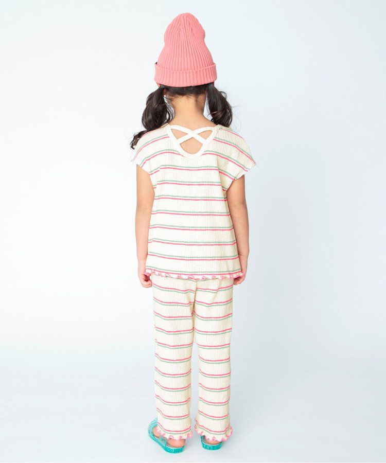 日本 BREEZE - 背交叉下擺捲邊羅紋短袖上衣-紅綠條紋