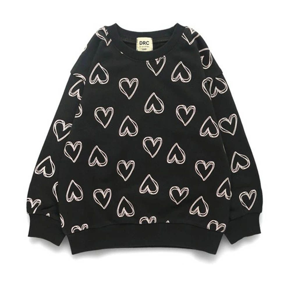 可愛女孩印花縮口長袖上衣-滿版愛心-黑
