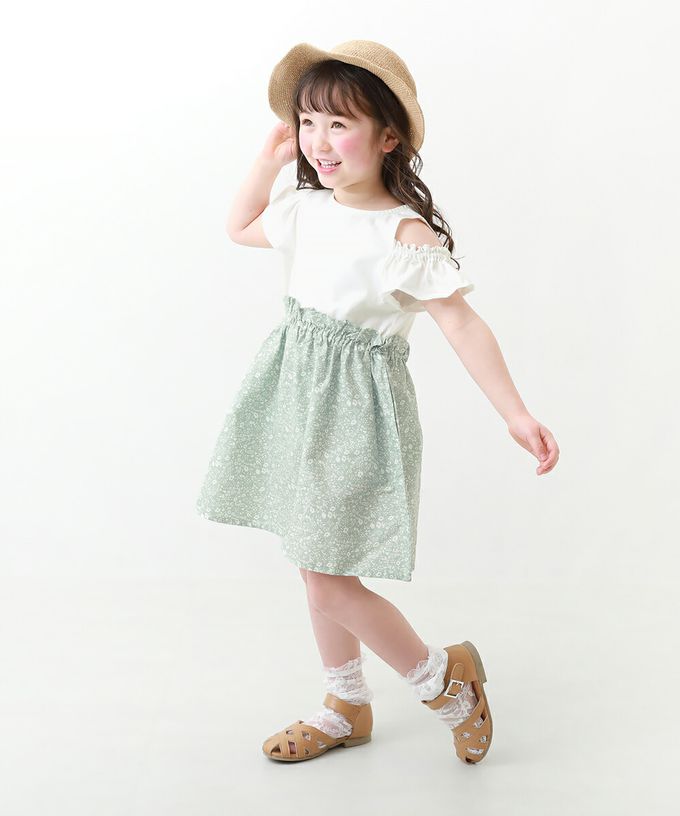 日本 devirock - 挖肩氣質荷葉短袖洋裝-碎花-白x淺綠