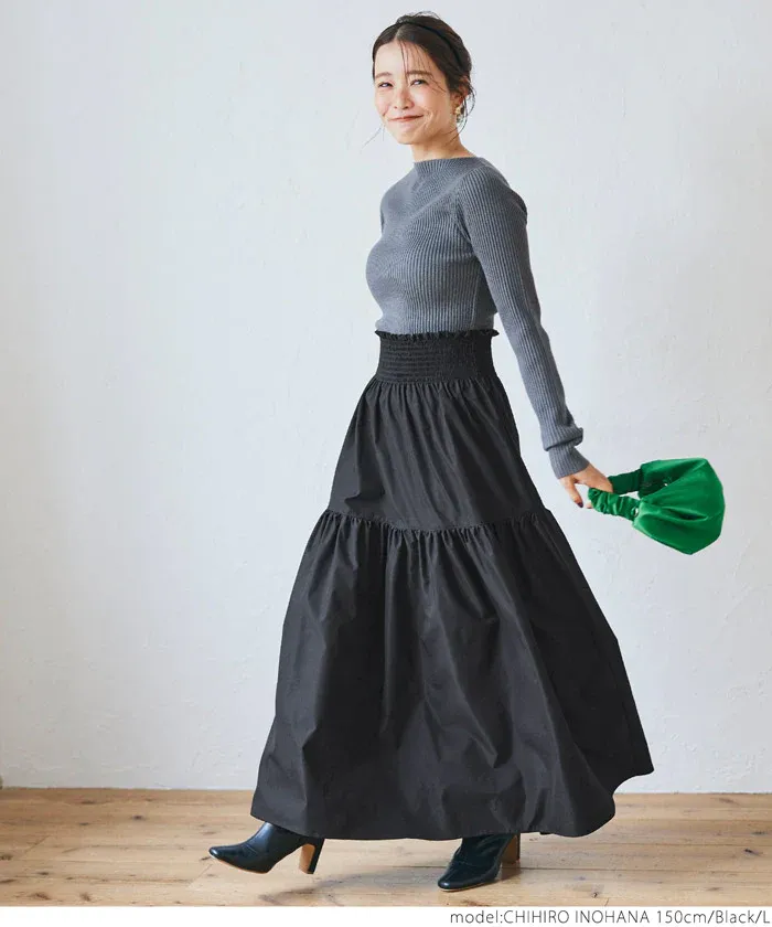 日本 COCA - 皺褶分層顯瘦長裙-黑