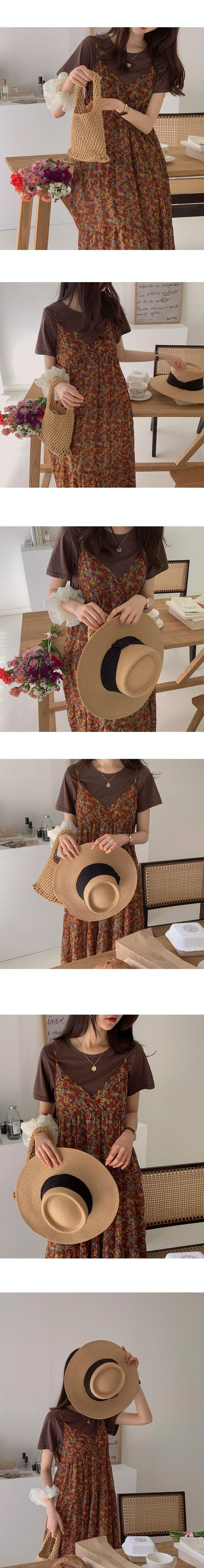 韓國女裝代購 - 復古花漾細肩帶連身洋裝-咖啡紅 (FREE)