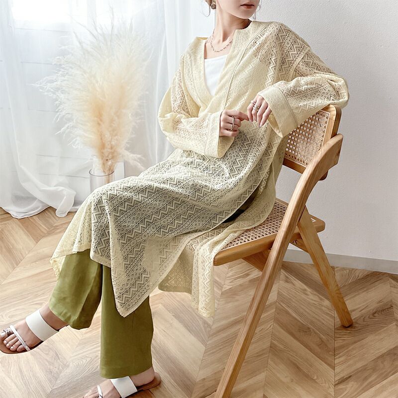 日本 Classical Elf - 早春幾何雕花鉤針長版洋裝-米白