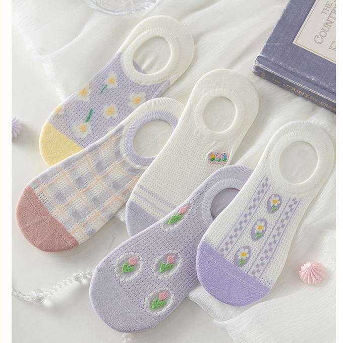 love, charlotte - 氣質淺紫小碎花防滑隱形棉襪 (XXL (22~24cm))-5 雙一組