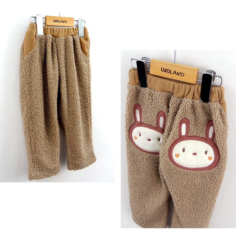 日本 ZOOLAND - 泰迪熊毛絨保暖長褲-兔子屁屁-桃粉